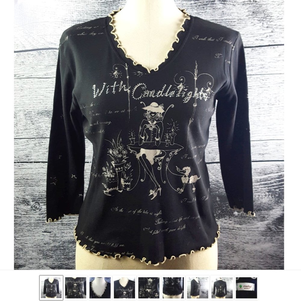 Cactus Brand Women sz M embellished blouse w Rhinestones Graphics Tee Lady Dog